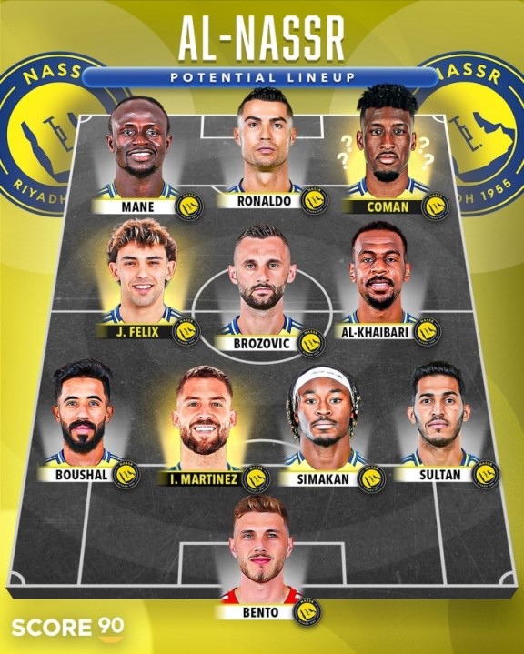 和新月碰一碰！胜利新赛季首发：C罗+马内+科曼+菲利克斯+伊尼戈